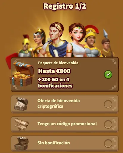 Registro en MyEmpire Casino con paquete de bienvenida Registro 1/2 - Paquete de bienvenida hasta €800 + 300 GG en 4 bonificaciones, Oferta de bienvenida criptográfica, Tengo un código promocional, Sin bonificación