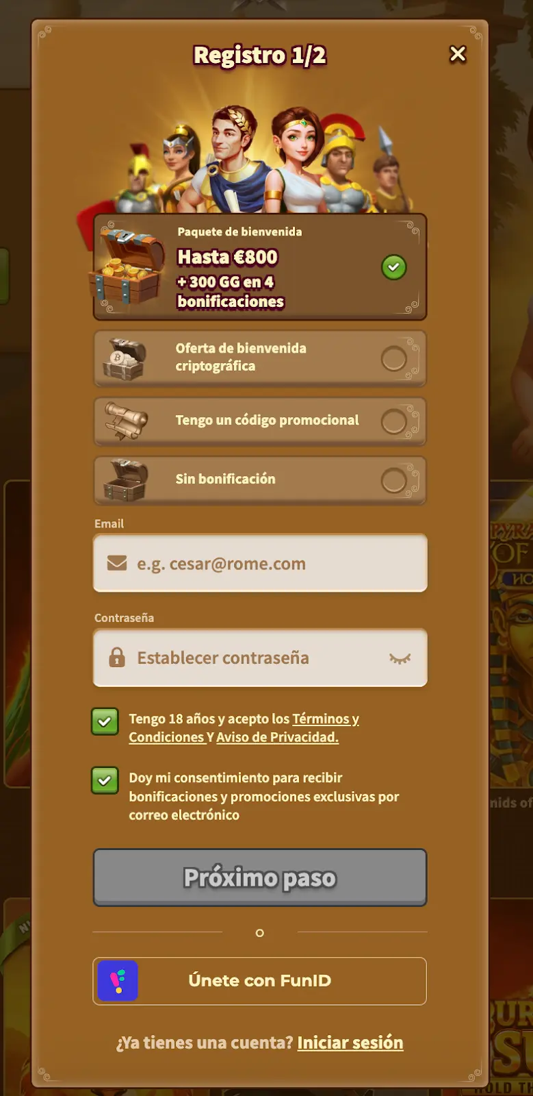 Registro paso 1 en MyEmpire Casino: Selección de bono y datos de acceso Formulario de registro MyEmpire Casino paso 1, selección de bono de bienvenida y campos para email y contraseña.