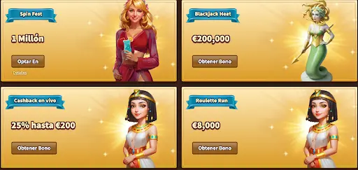 Promociones destacadas MyEmpire Casino España Spin Fest 1 Millón, Blackjack Heat €200,000, Cashback en vivo 25% hasta €200, Roulette Run €8,000 en MyEmpire Casino España
