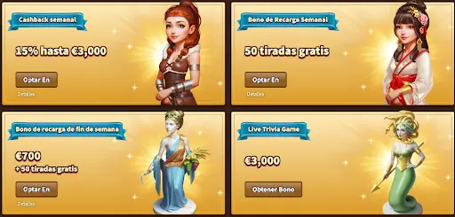 Promociones semanales y bonos en MyEmpire Casino España Cashback semanal 15% hasta €3,000, Bono de Recarga Semanal 50 tiradas gratis, Bono de recarga de fin de semana €700 + 50 tiradas gratis, Live Trivia Game €3,000