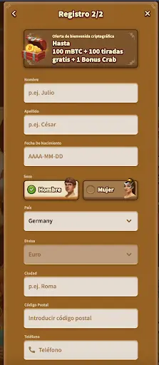 “Registro paso 2 - Completar datos personales en MyEmpire Casino España” “Formulario de registro 2/2 en MyEmpire Casino España: datos personales como nombre, apellido, fecha de nacimiento, sexo, país, divisa, ciudad, código postal y teléfono”