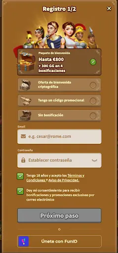 “Registro MyEmpire Casino España - Selección de bono y creación de cuenta” “Formulario de registro 1/2 en MyEmpire Casino España con selección de bono de bienvenida, campo de email y contraseña”